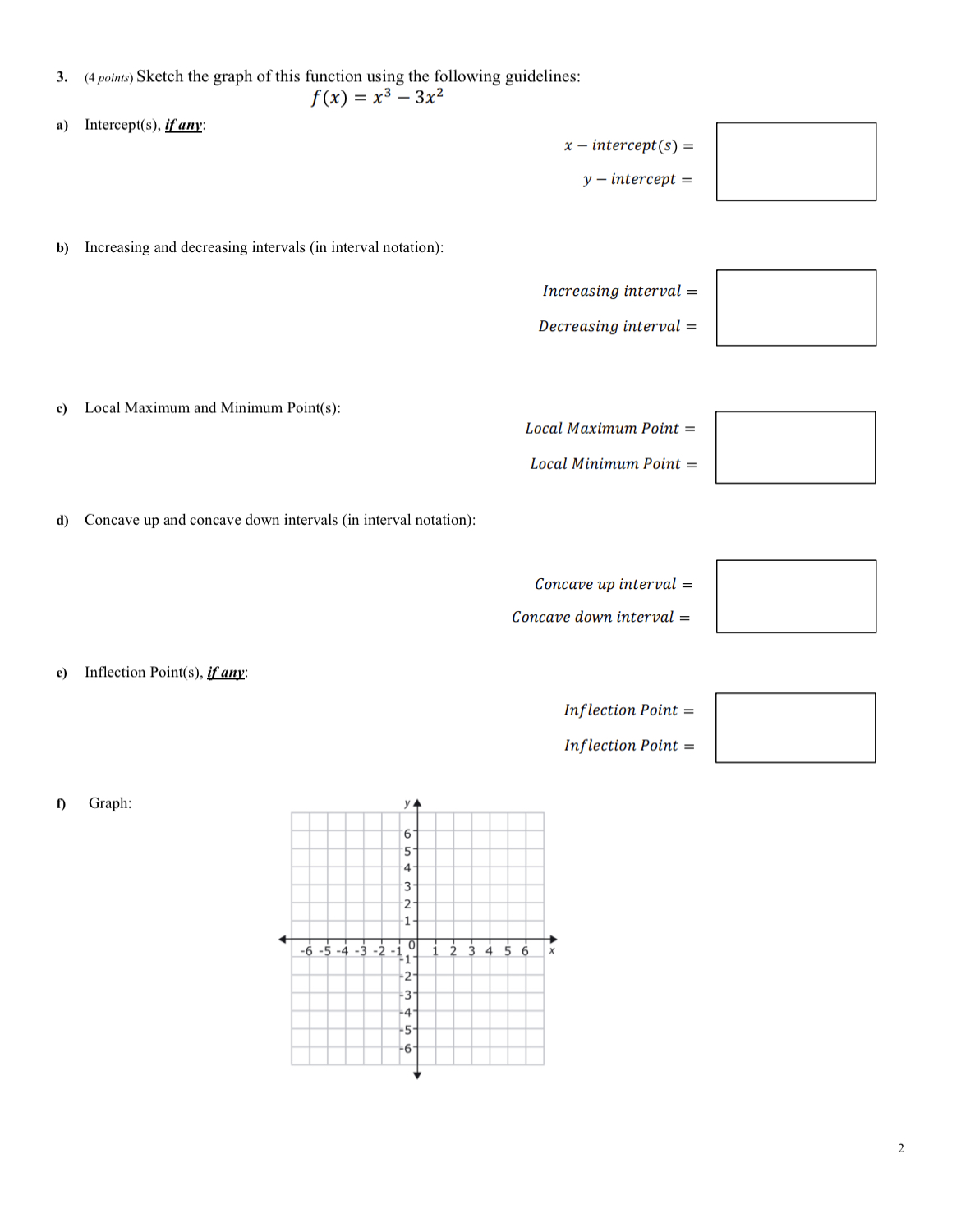 following guidelines: f(x) = x3 -3x2 a) Intercept(s), if any: x -