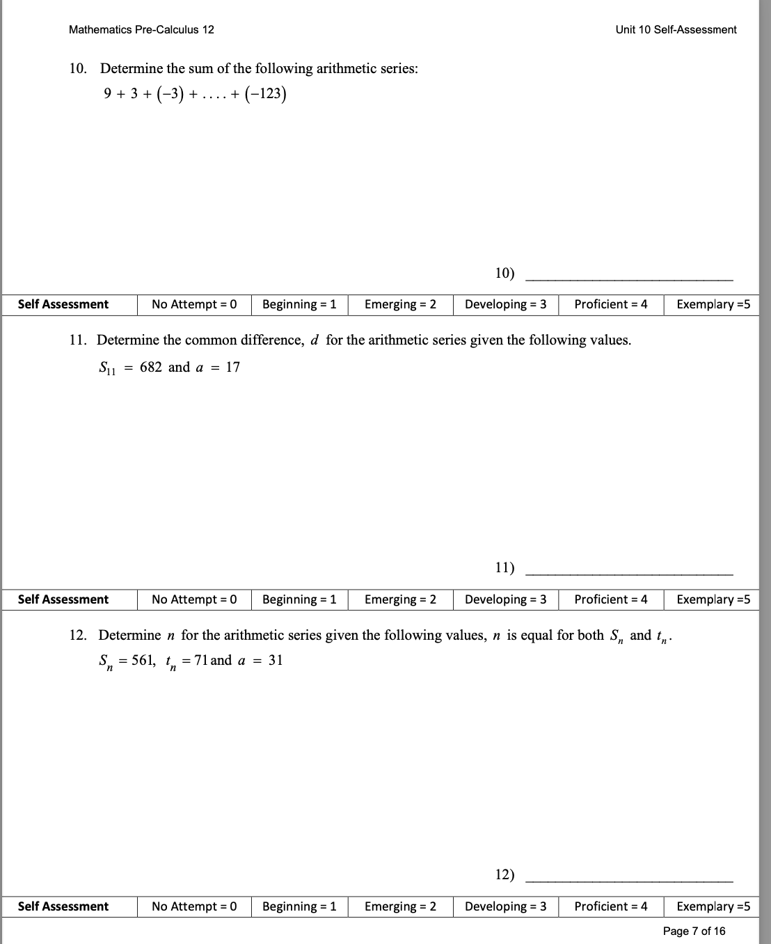 1 Emerging = 2 Developing = 3 Proficient = 4 Exemplary =5