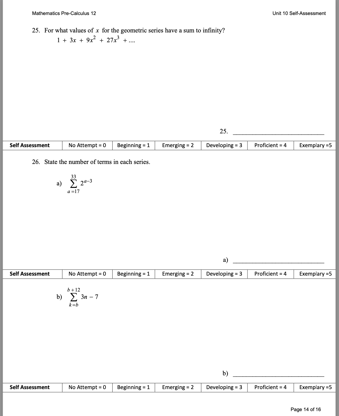 Proficient = 4 Exemplary =5 Page 7 of 14Mathematics Pre-Calculus 12 Unit