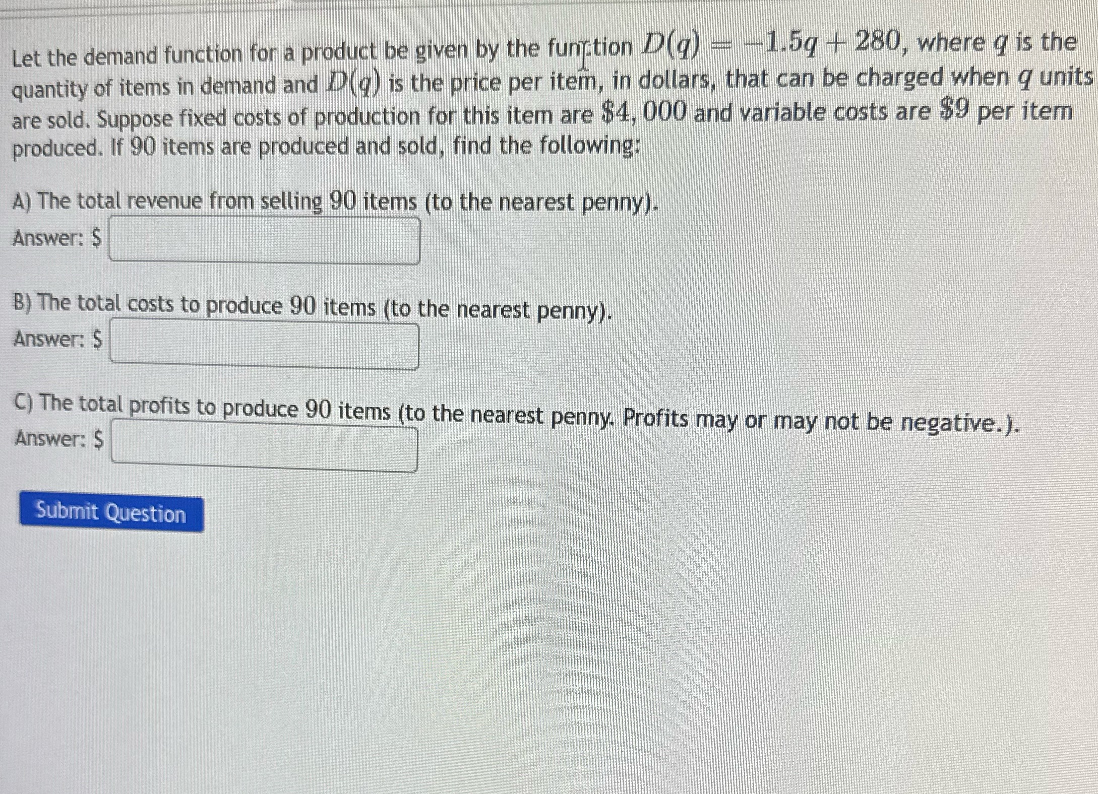 function D(q) = -1.5q + 280, where q is the quantity of