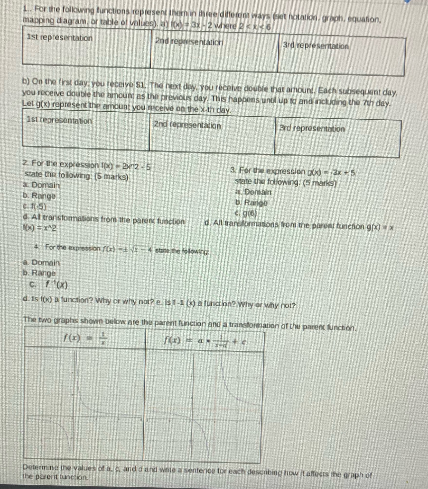 1.. For the following functions three differen (act notation. graph. equation.