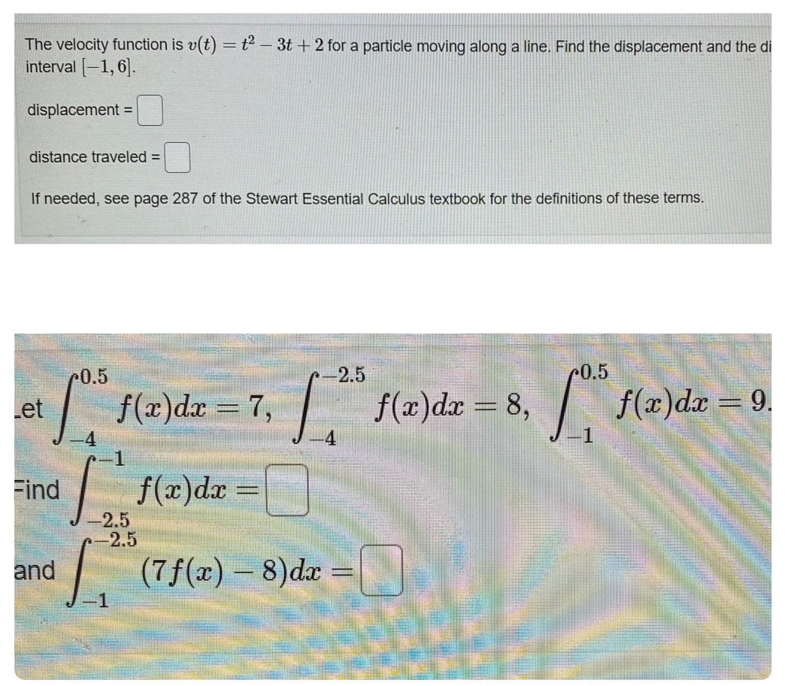 v(t) = t2 - 3t + 2 for a particle moving along