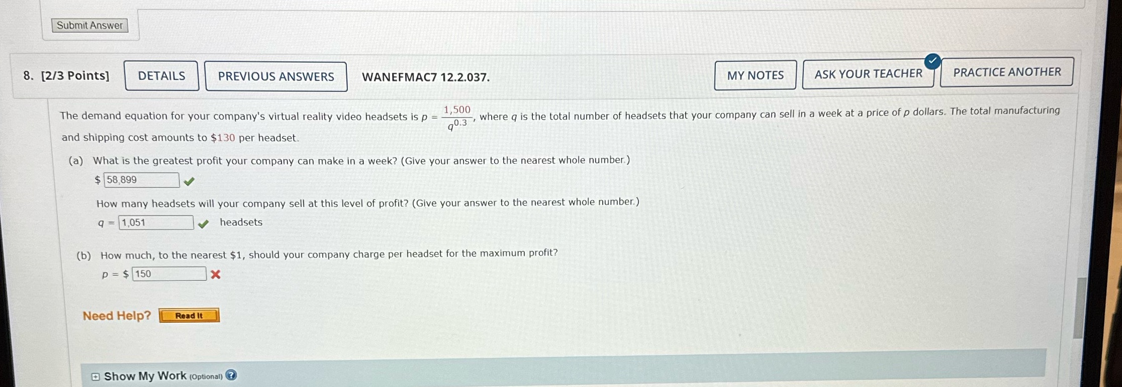 8. [2/3 Points] DETAILS PREVIOUS ANSWERS WANEFMAC7 12.2.037. MY NOTES ASK YOUR