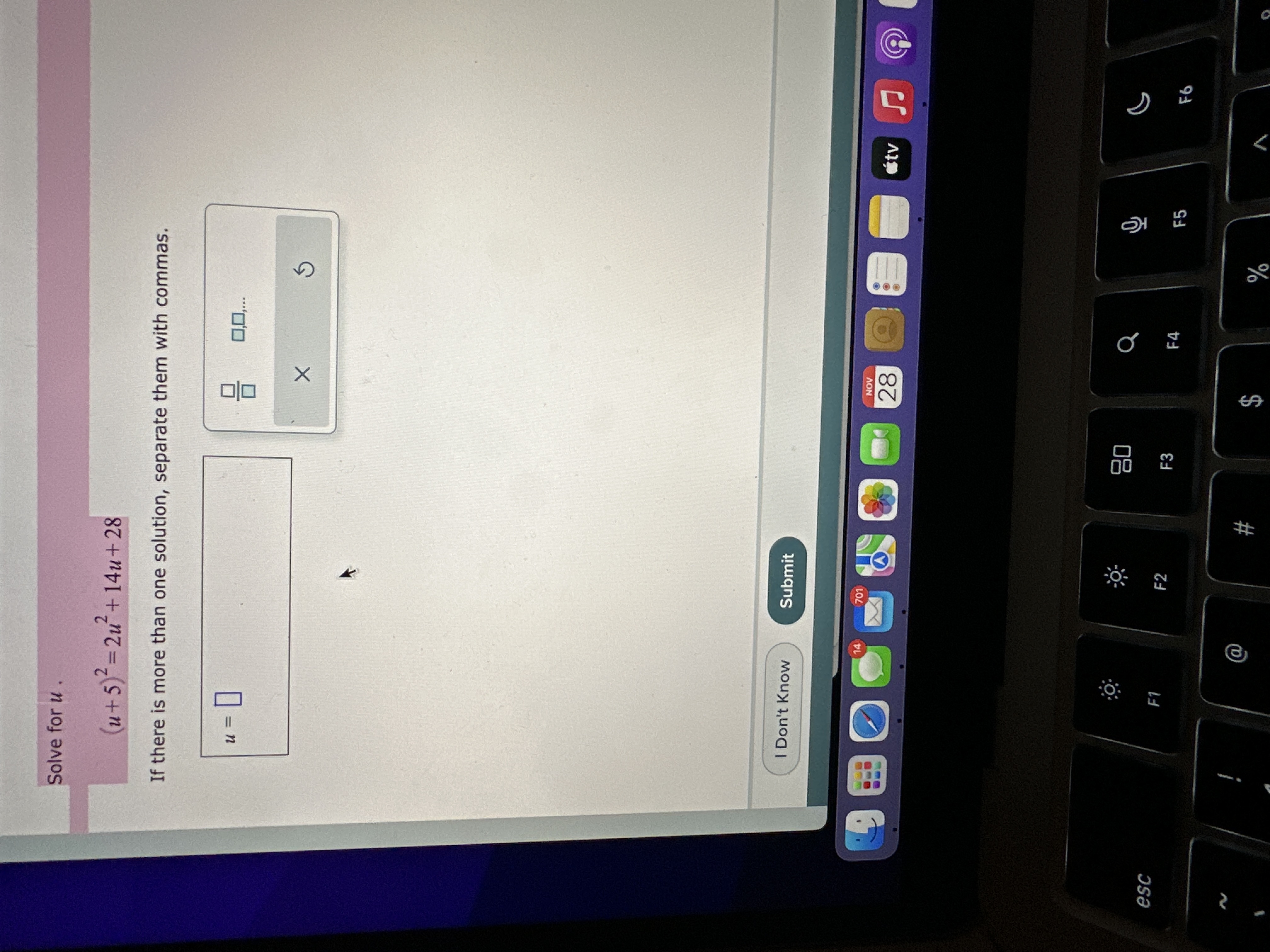 Solve for u . ( u + 5 )2 = 24+14u+28