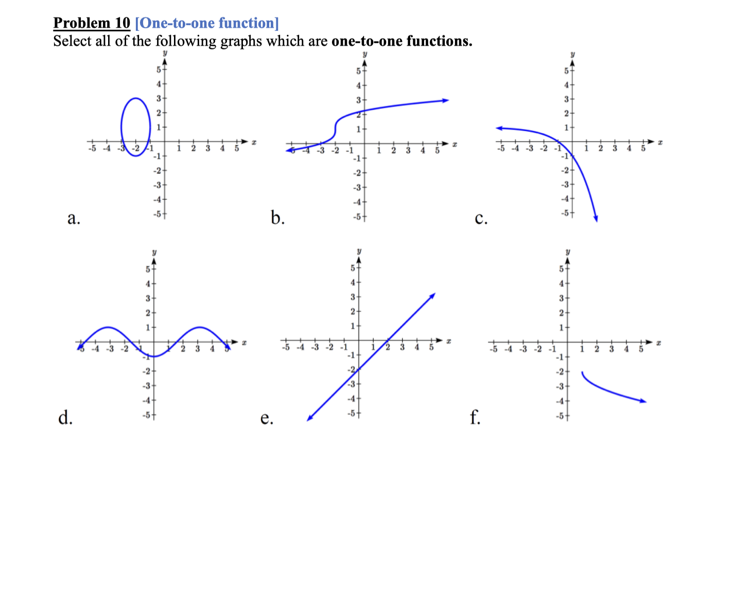  Problem 10 [One-to-one function] Select all of the following graphs which
