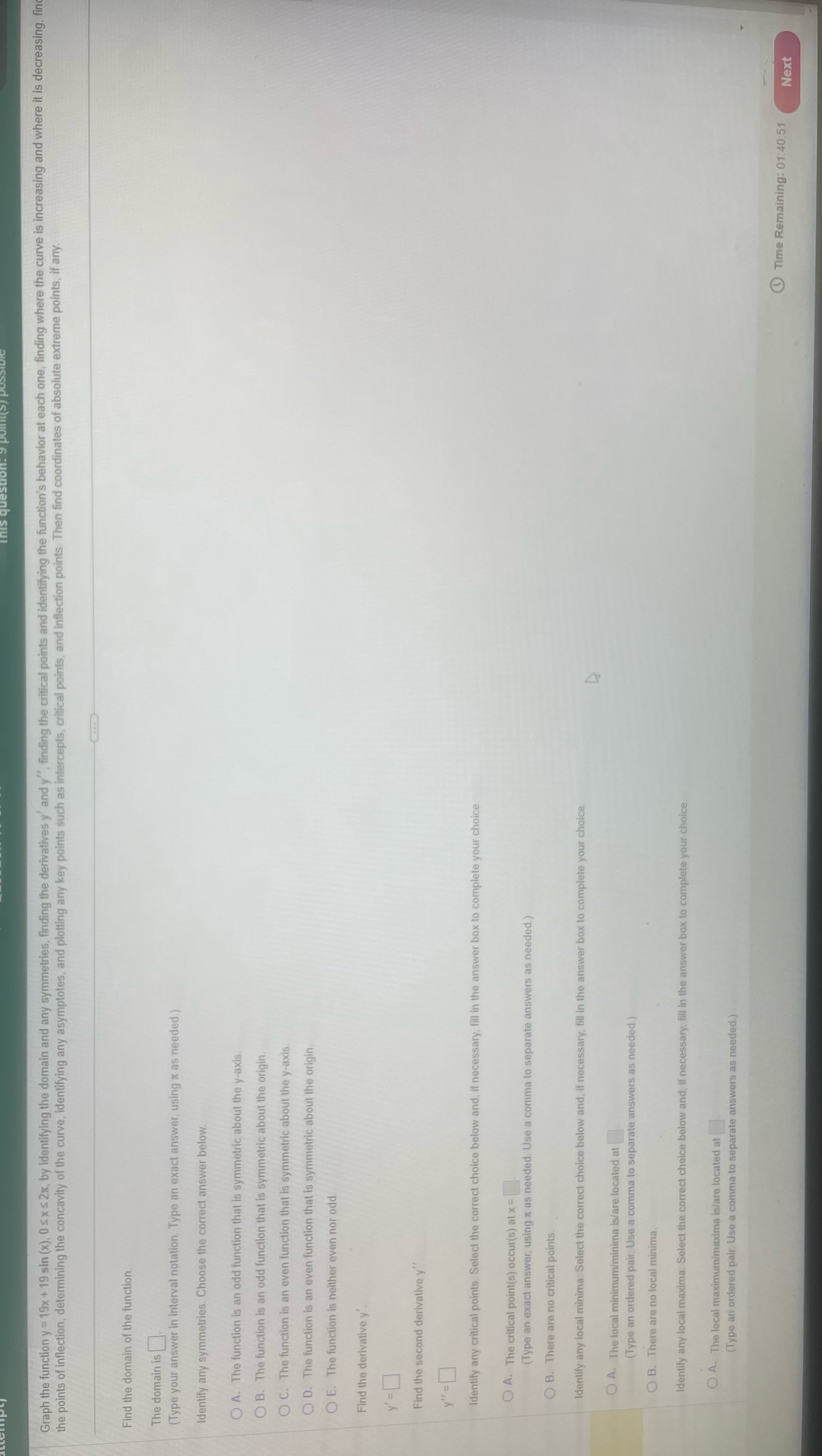 x2x, by identifying the domain and any symmetries, finding the derivatives y'