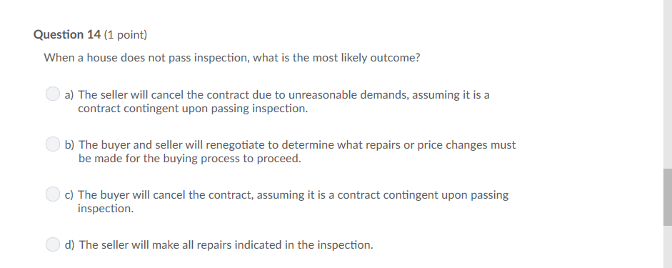 house does not pass inspection, what is the most likely outcome? 3]