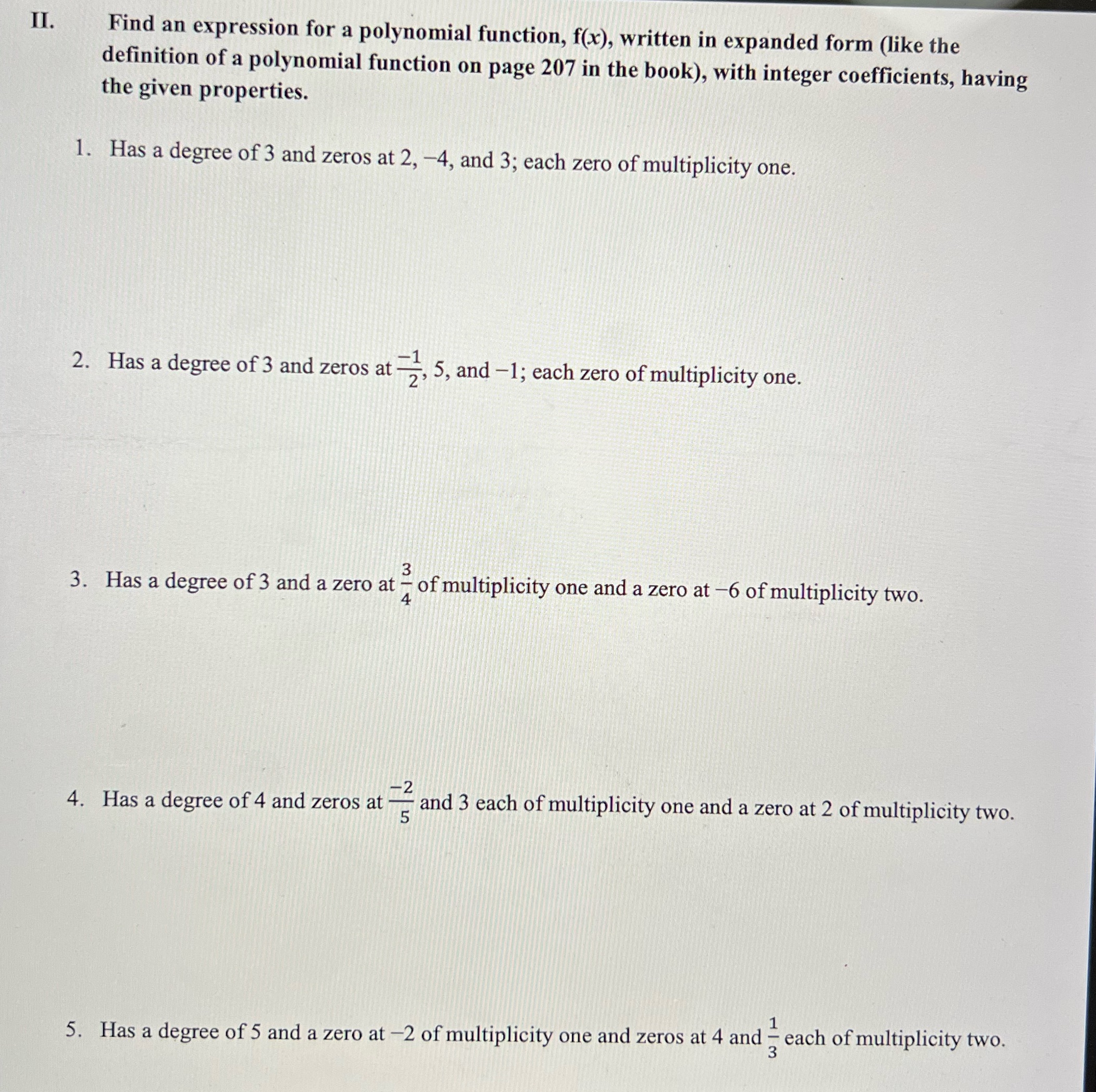  II. Find an expression for a polynomial function, f(x), written in