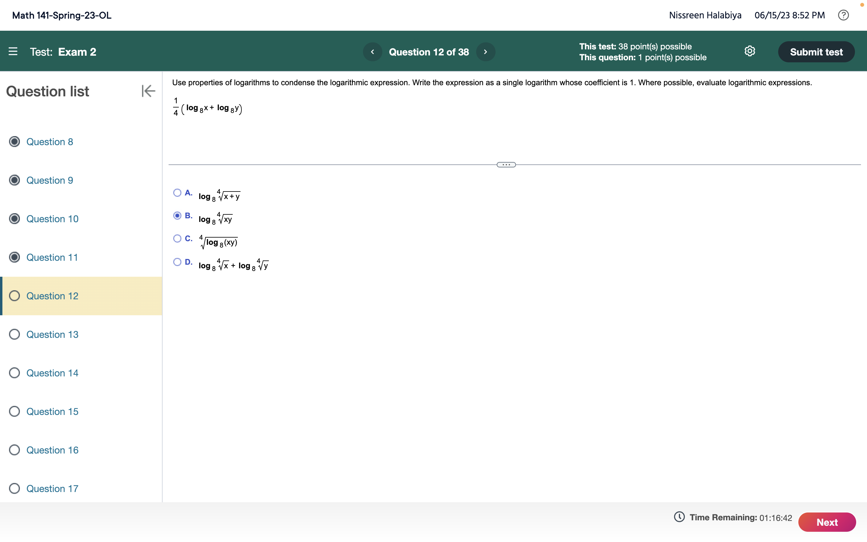 Math 141-Spring-23-OL Test: Exam 2 Question list O Question 8 O Question