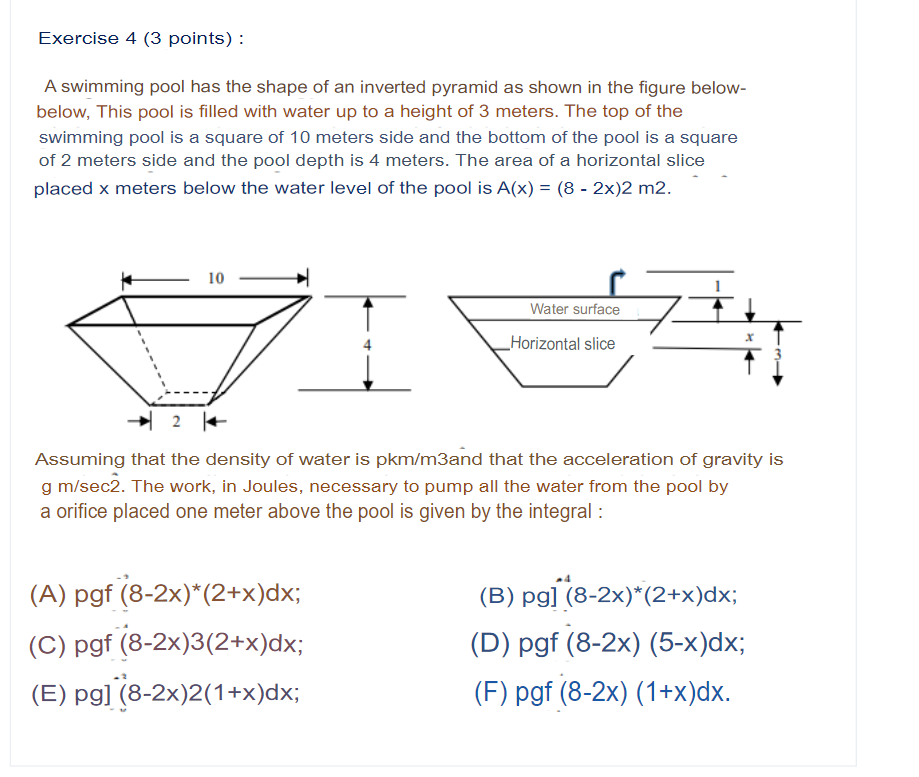 Une piscine a la forme d'une pyramide inversee comme indique dans la