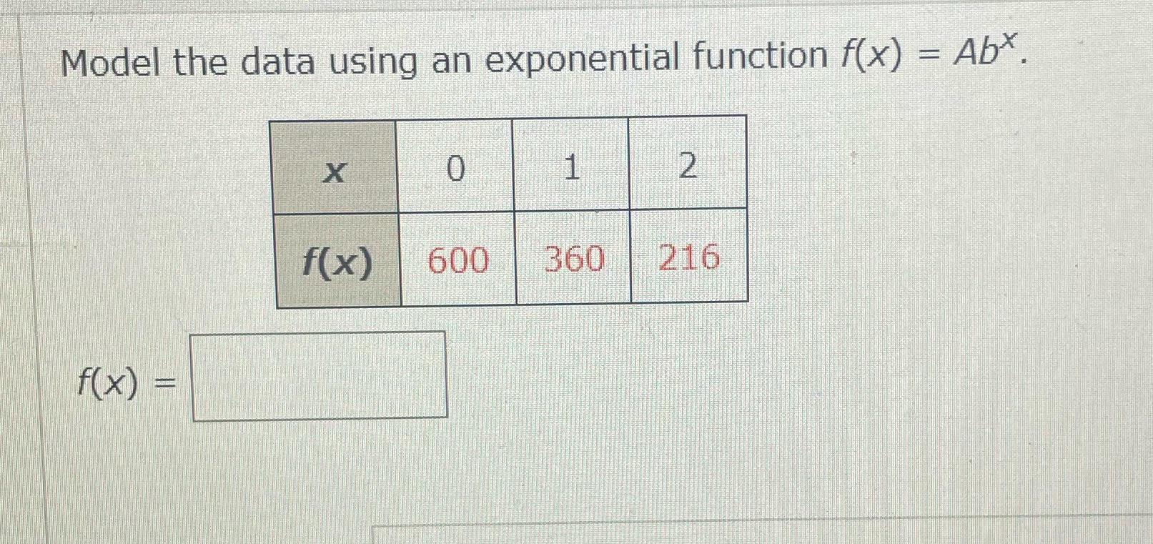 Model the data using an exponential function f(x) = AbX. f(x) 600