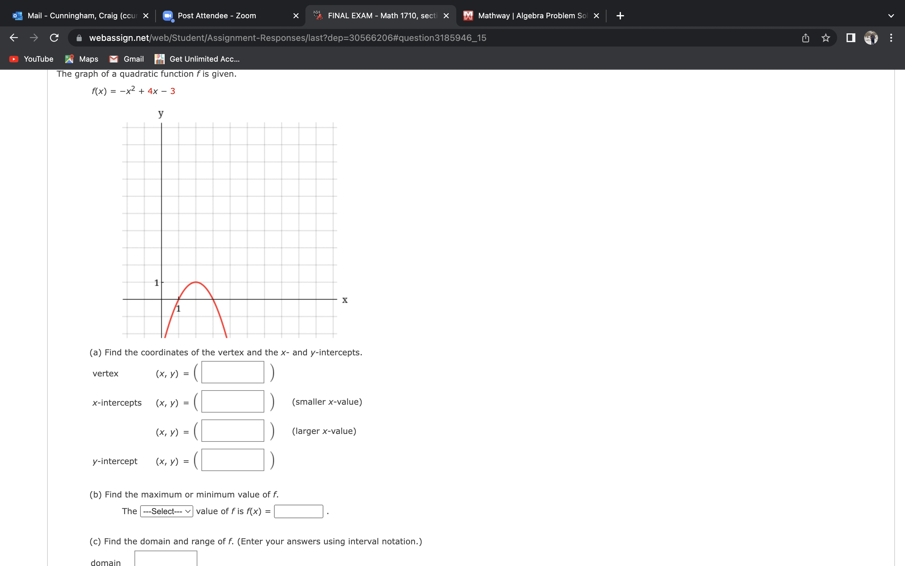X " FINAL EXAM - Math 1710, secti x Mathway | Algebra