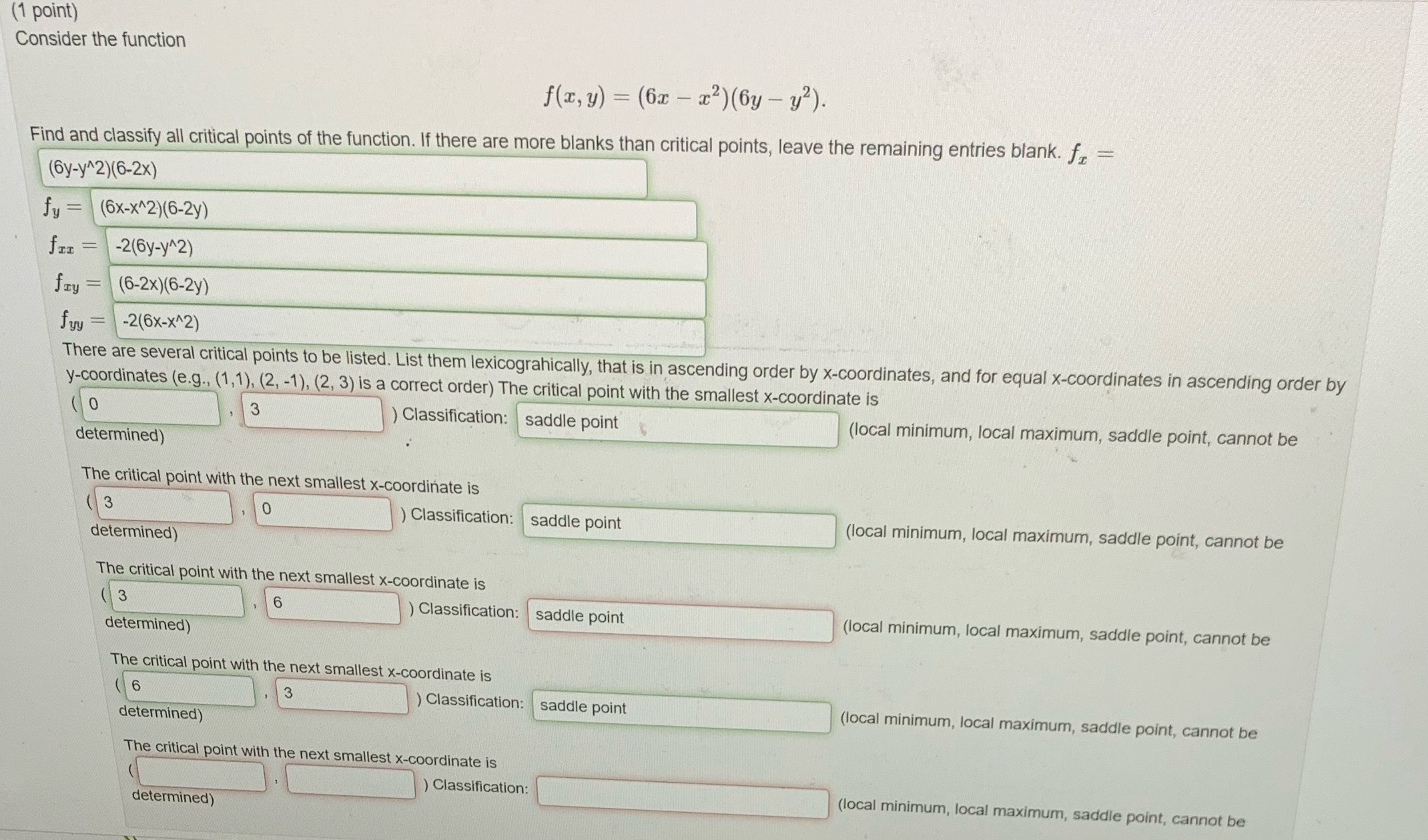 (6x - x2)(6y - y2). Find and classify all critical points of