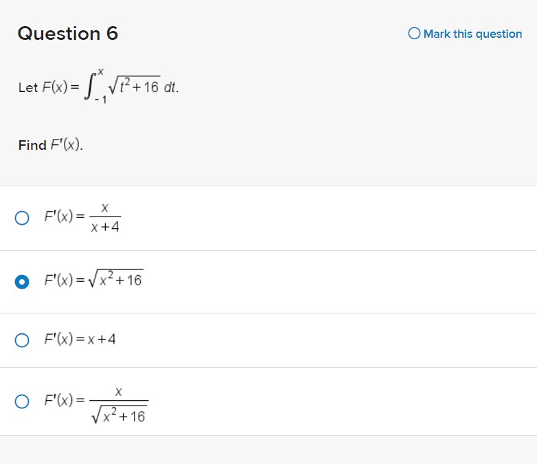 16 dt. Find F'(x). O F'(x ) = X x+4 OF'(x) =Vx2+16