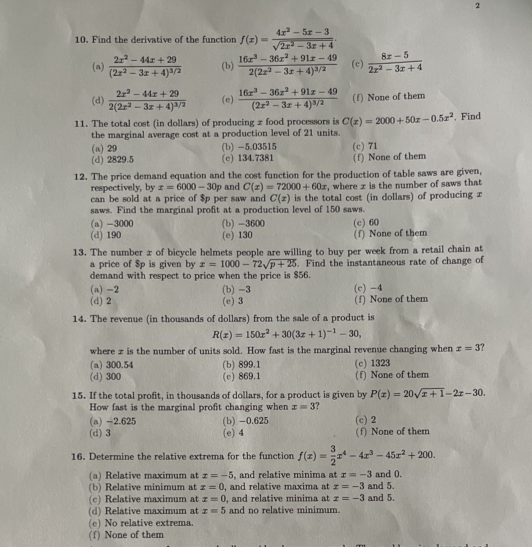  Please answer the multiple choice from 10-16 10. Find the derivative