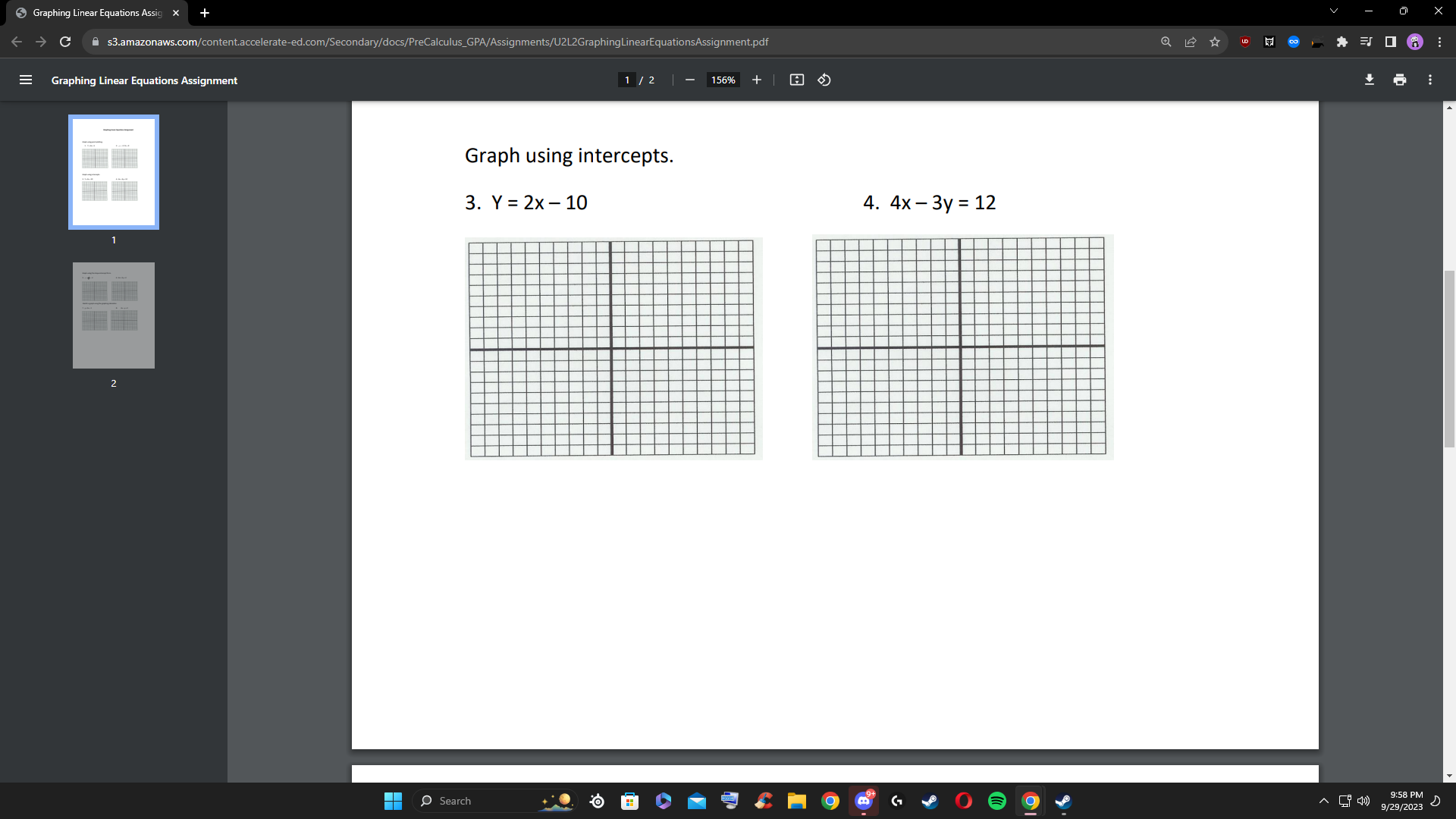 X $3.amazonaws.com/content.accelerate-ed.com/Secondary/docs/PreCalculus_GPA/Assignments/U2L2GraphingLinearEquationsAssignment.pdf Q E Graphing Linear Equations Assignment 1 / 2 156%