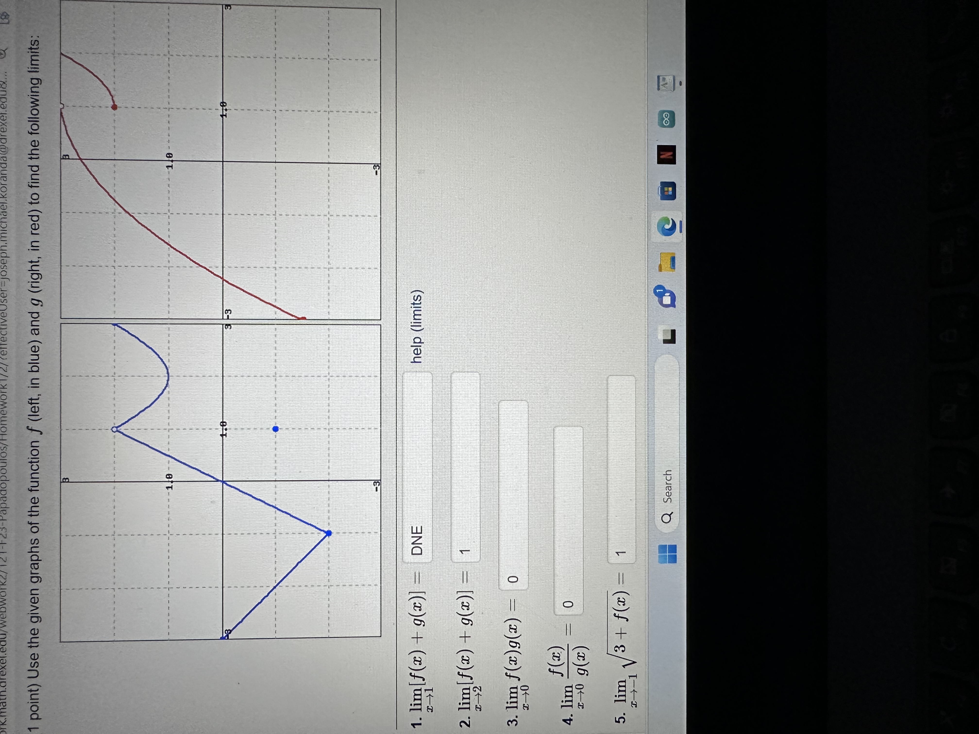 in blue) and g (right, in red) to find the following limits: