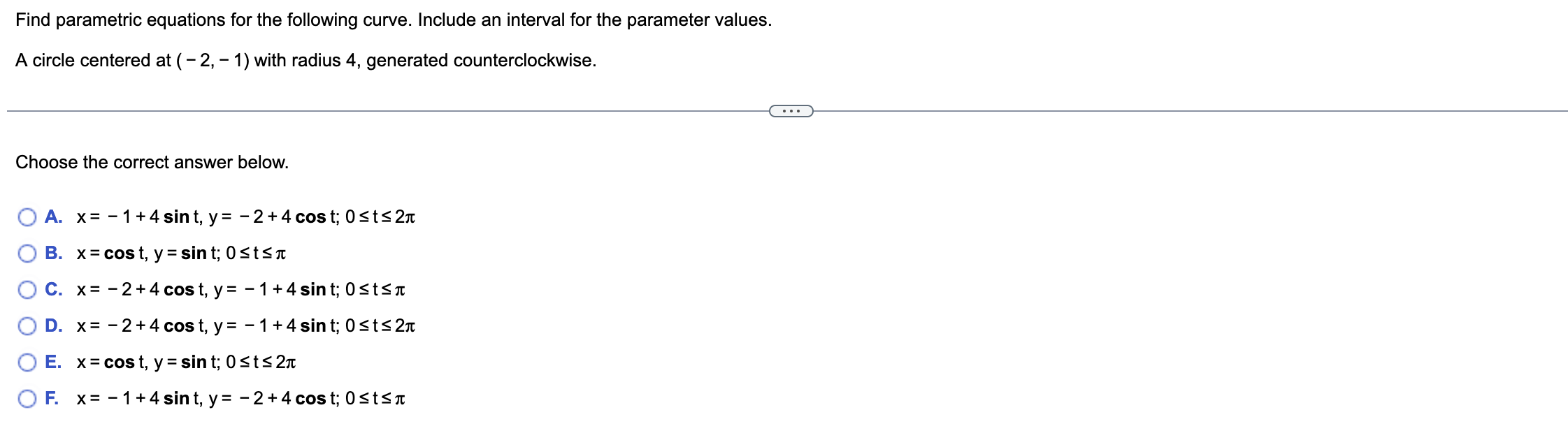 Find parametric equations for the following curve. Include an interval for