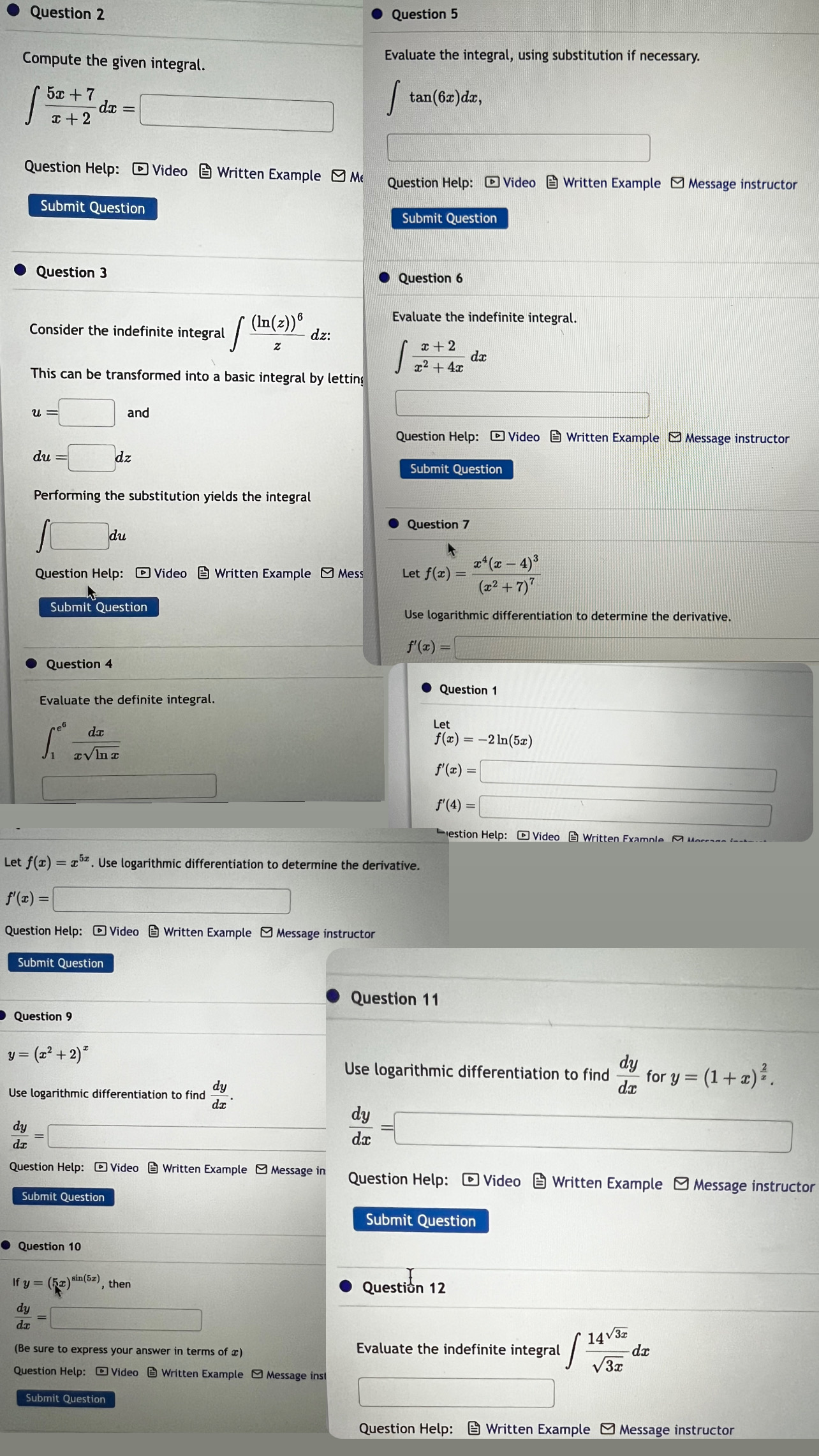 the integral, using substitution if necessary. 52 + 7 tan(6x) di, do