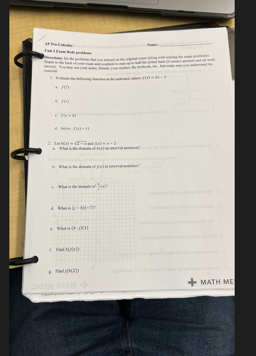 AP Pre-Calculus Name: Unit 1 Exam Redo problems Directions: Do the