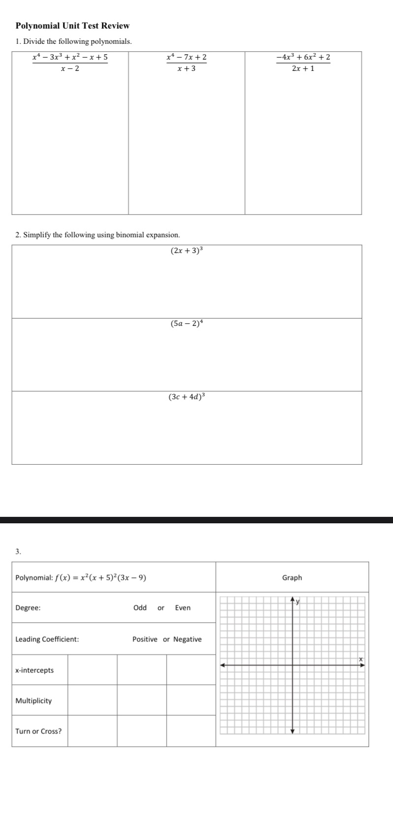  Polynomial Unit Test Review 1. Divide the following polynomials. x4 -