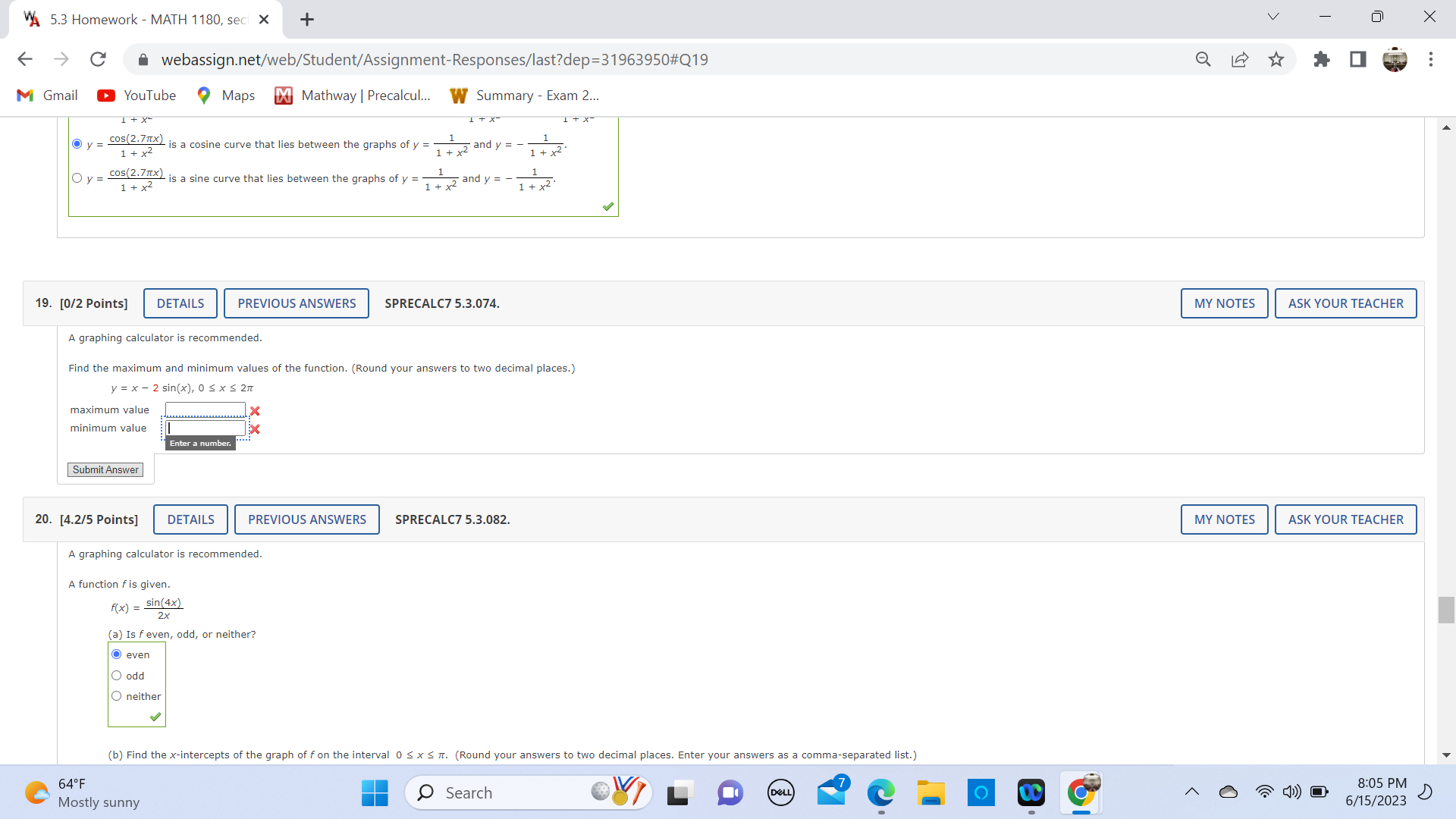 of y = cos(x) on the interval [0, 27]. y - X