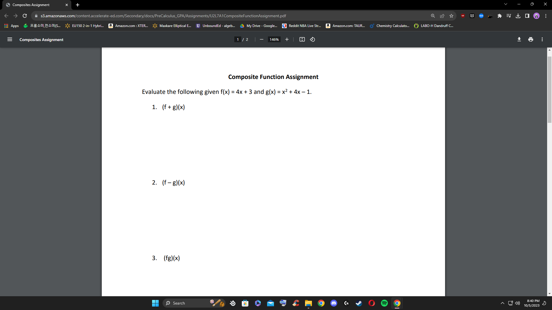 Dandruff cm 1/2 146% + Composite Function Assignment Evaluate the following given
