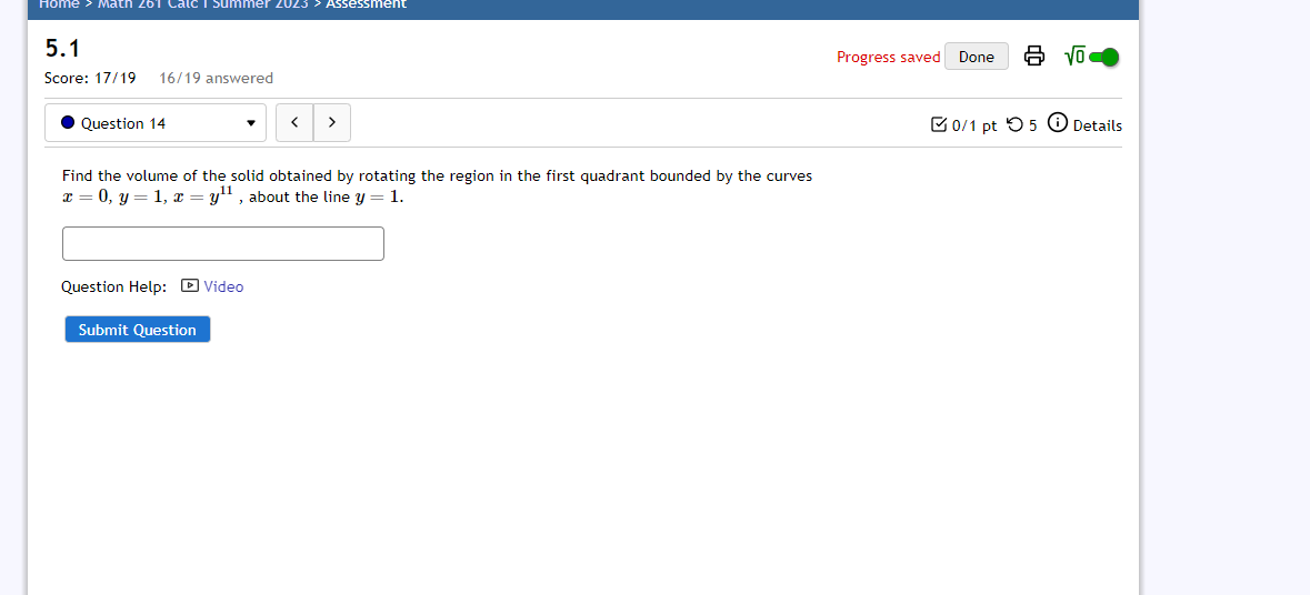 05 0 Details Find the volume of the solid obtained by rotating