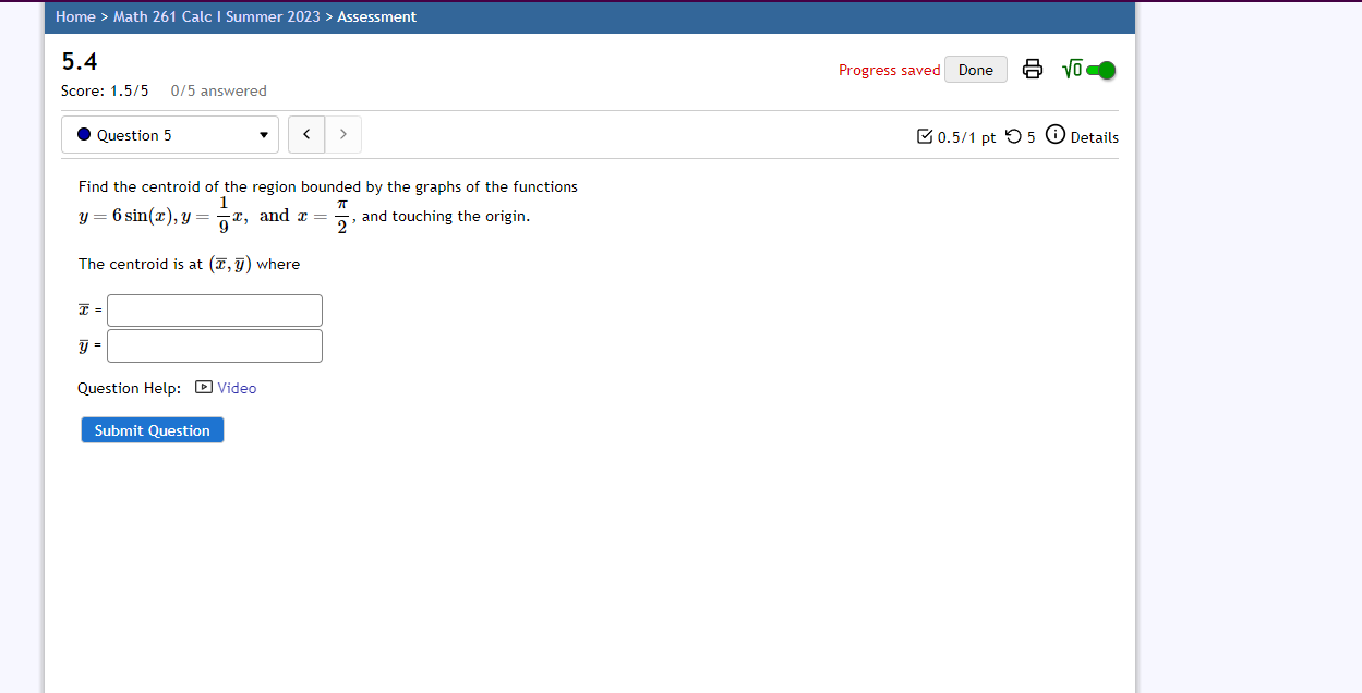 pt 95 2 0 Details Find the volume of the solid obtained