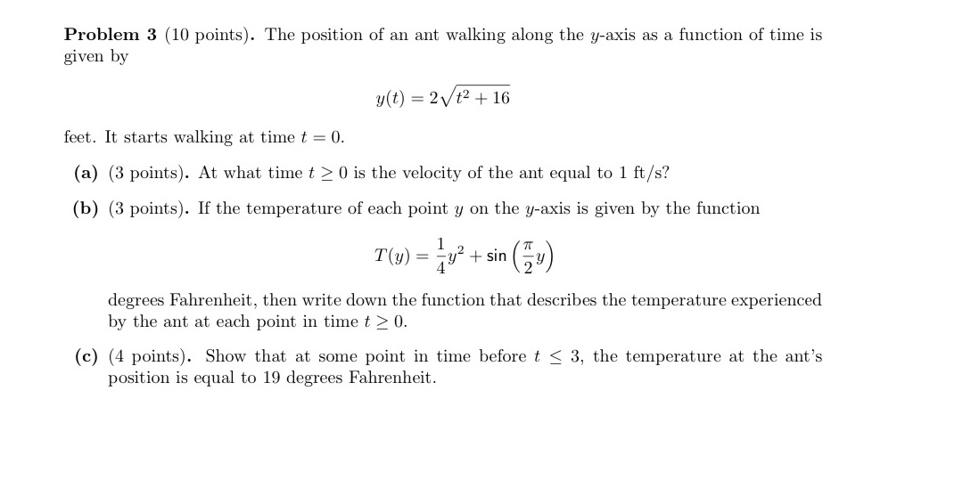 of an ant walking along the yaxis as a function of time