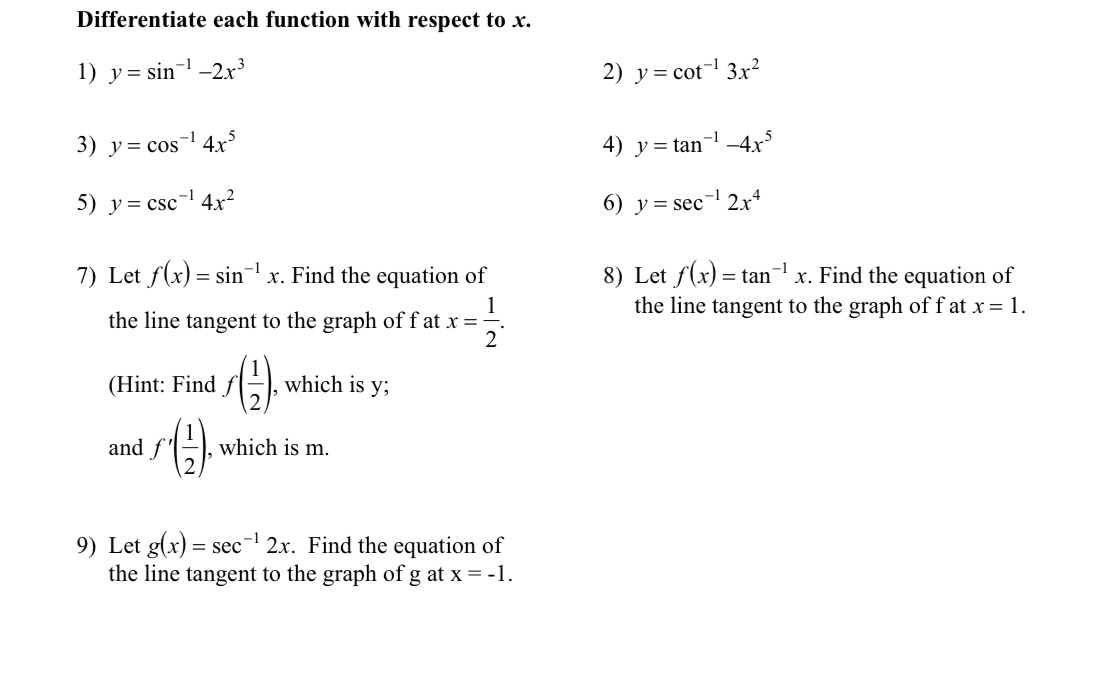 x. 1) y = sin-1 -2x3 2) y = cot-1 3x2 3)