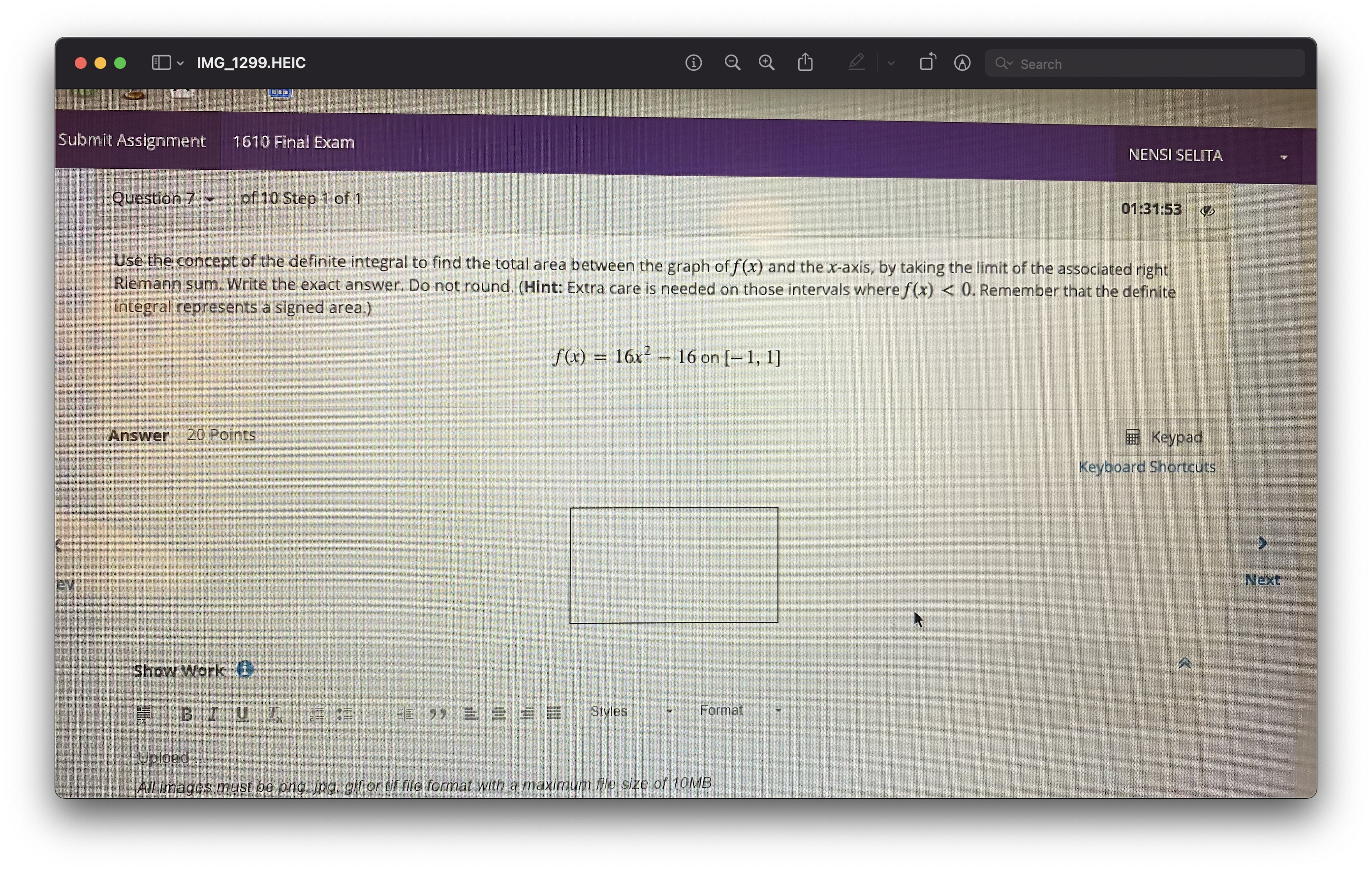  ... IMG_1299.HEIC i O' Q Search Submit Assignment 1610 Final Exam