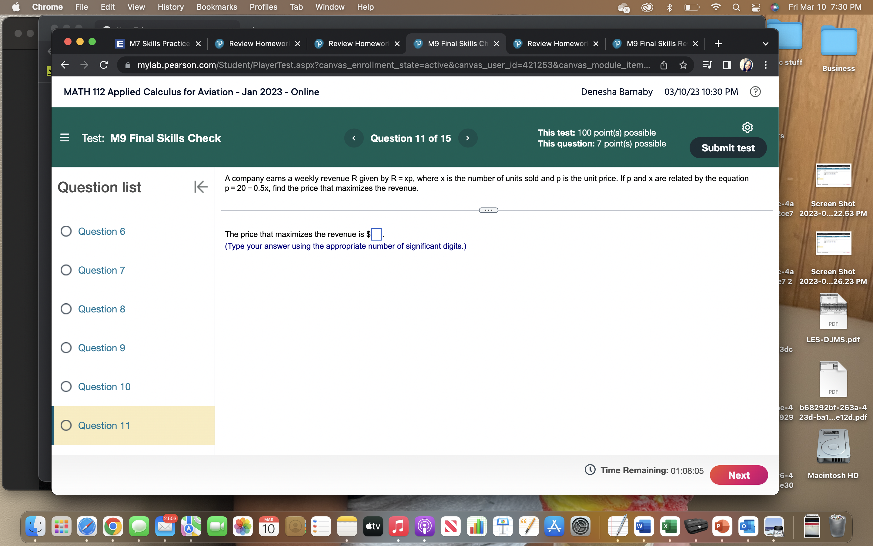 C mylab.pearson.com/Student/PlayerTest.aspx?canvas_enrollment_state=active&canvas_user_id=421253&canvas_module_item... ( * = D () : c stuff Business MATH