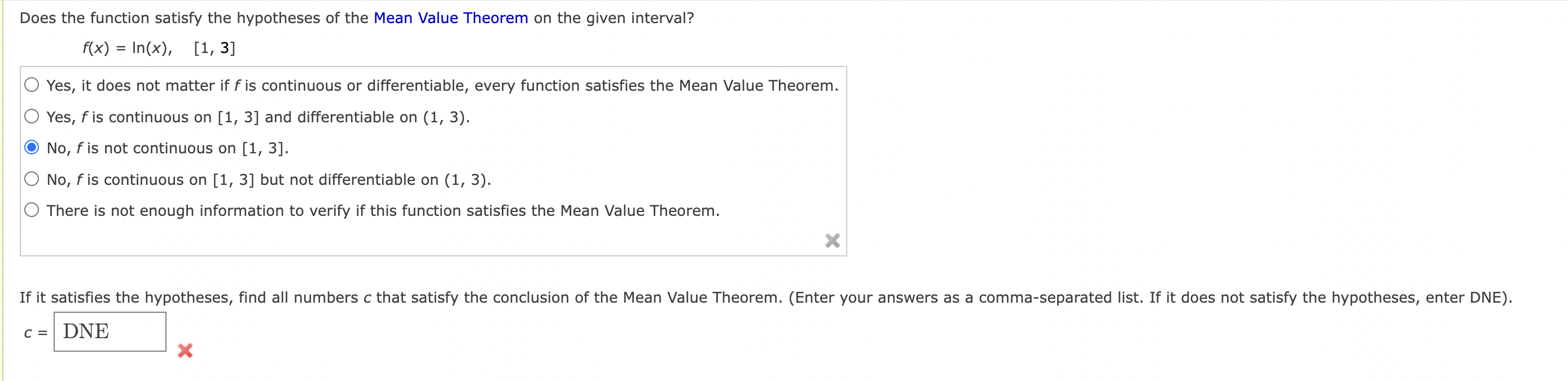 Does the function satisfy the hypotheses of the Mean Value Theorem