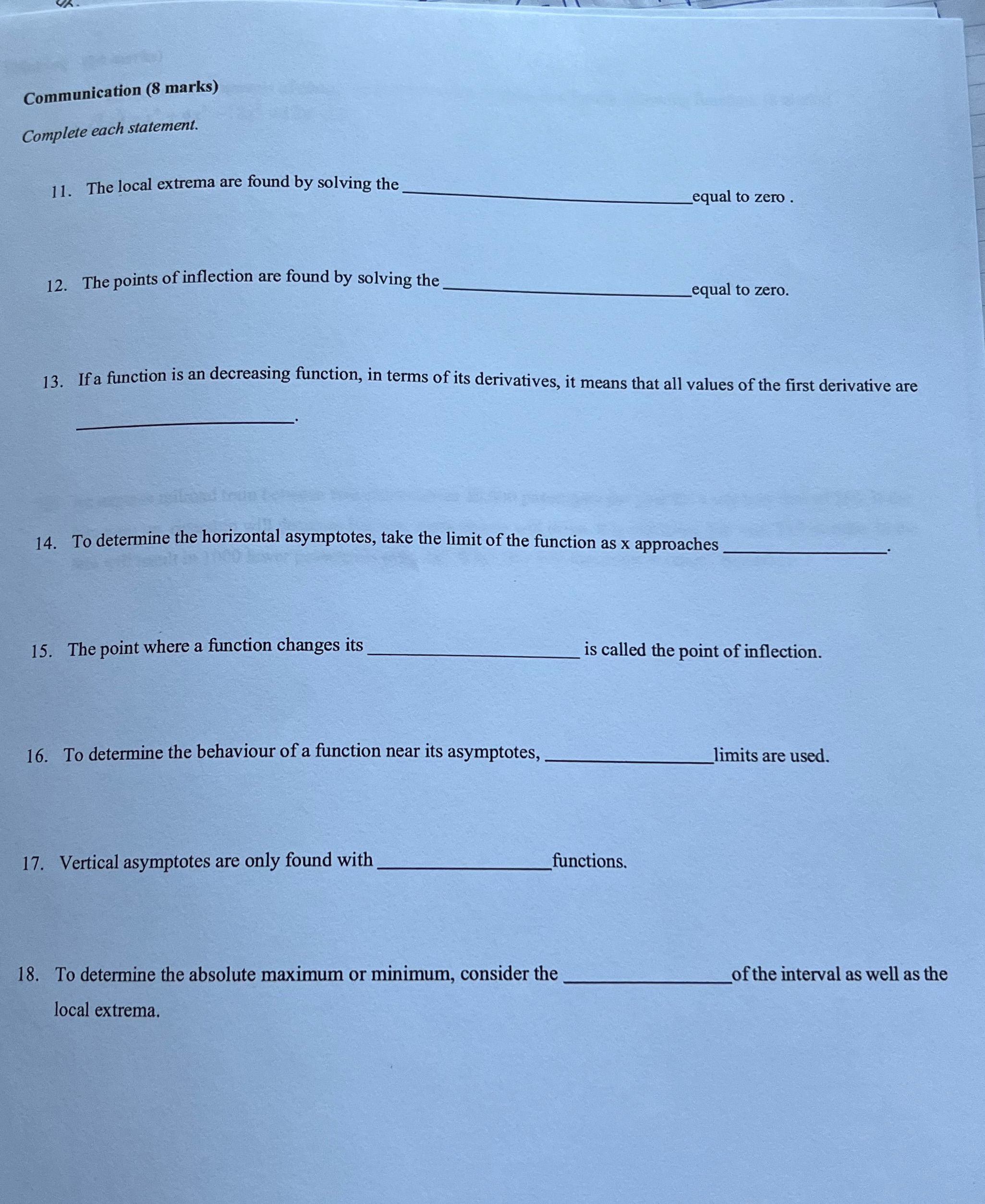  Grade 12 calc Communication (8 marks) Complete each statement. 1 1.