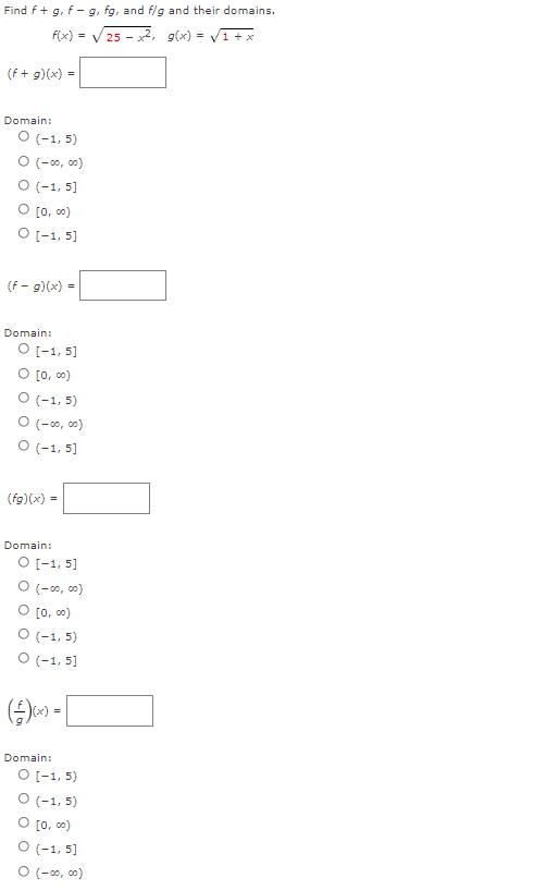 Domain: O (-1, 5) O (-00, 00) O (-1, 5] O [0,