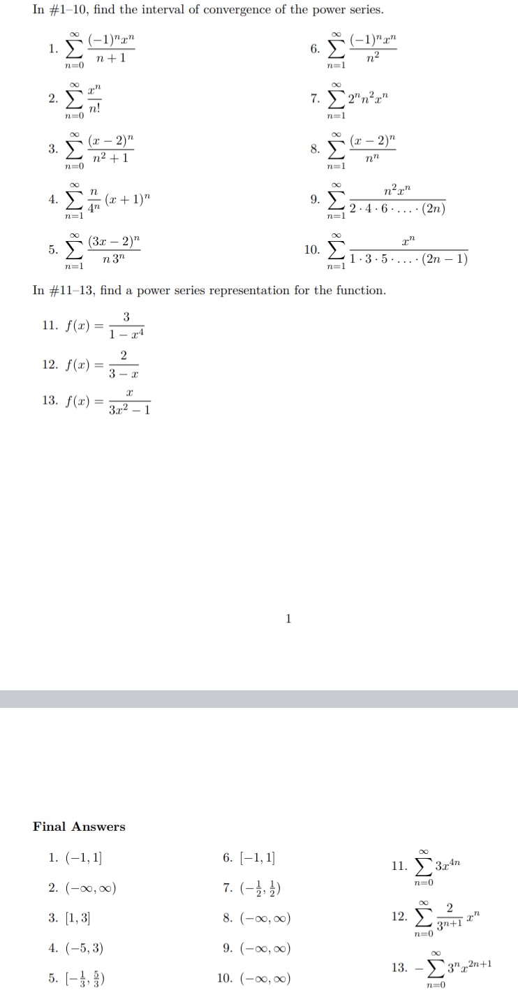 Calculus 2: power series and function. Please help me do 1-13.