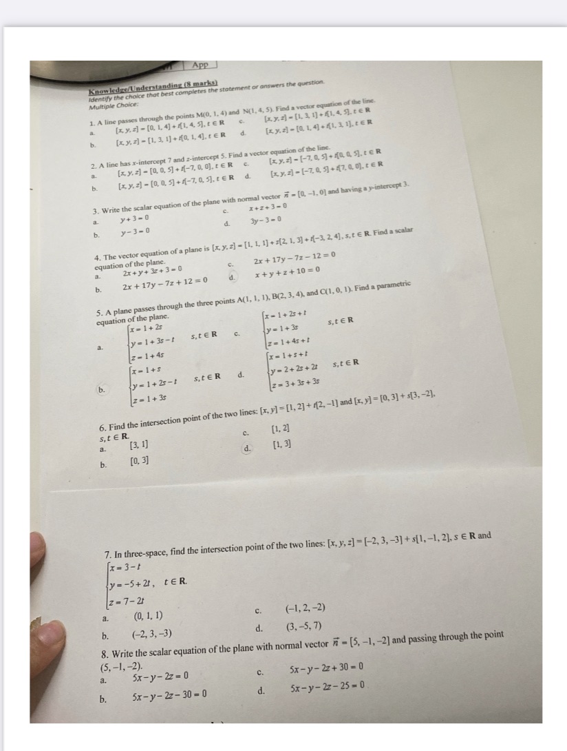 stateme Multiple Choice: 1. A line passes through the points M(0, 1,