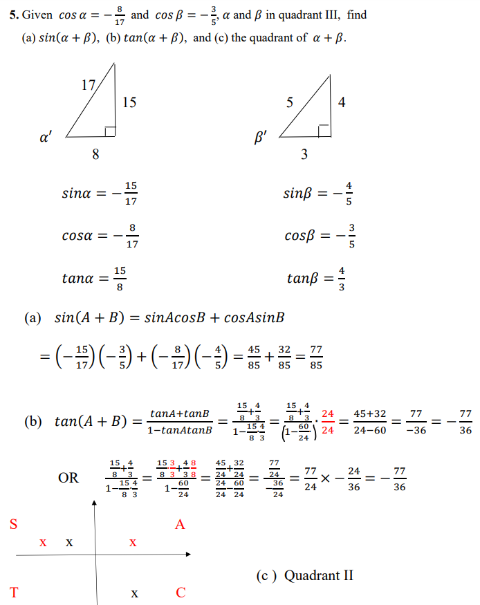 + B), (b) tan(a + B), and (c) the quadrant of a