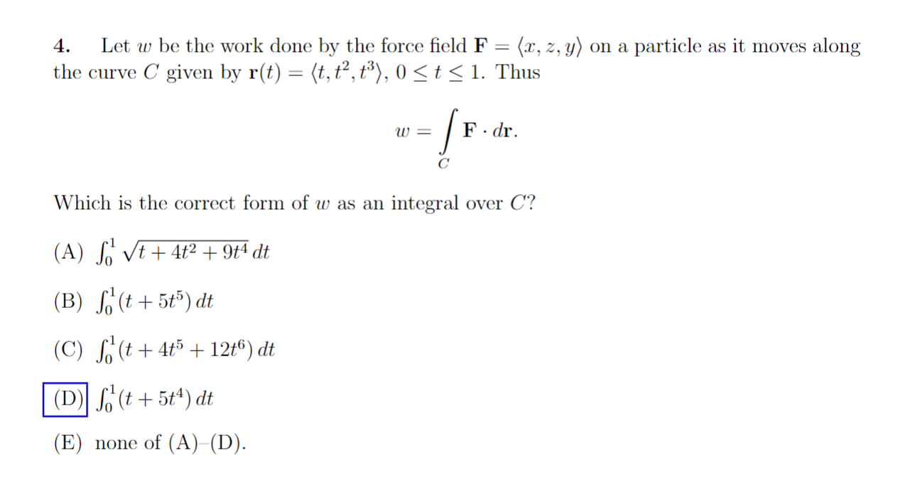 F = (x, z, y) on a particle as it moves along