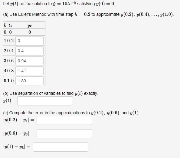 y(0) = 0. (a) Use Euler's Method with time step h =