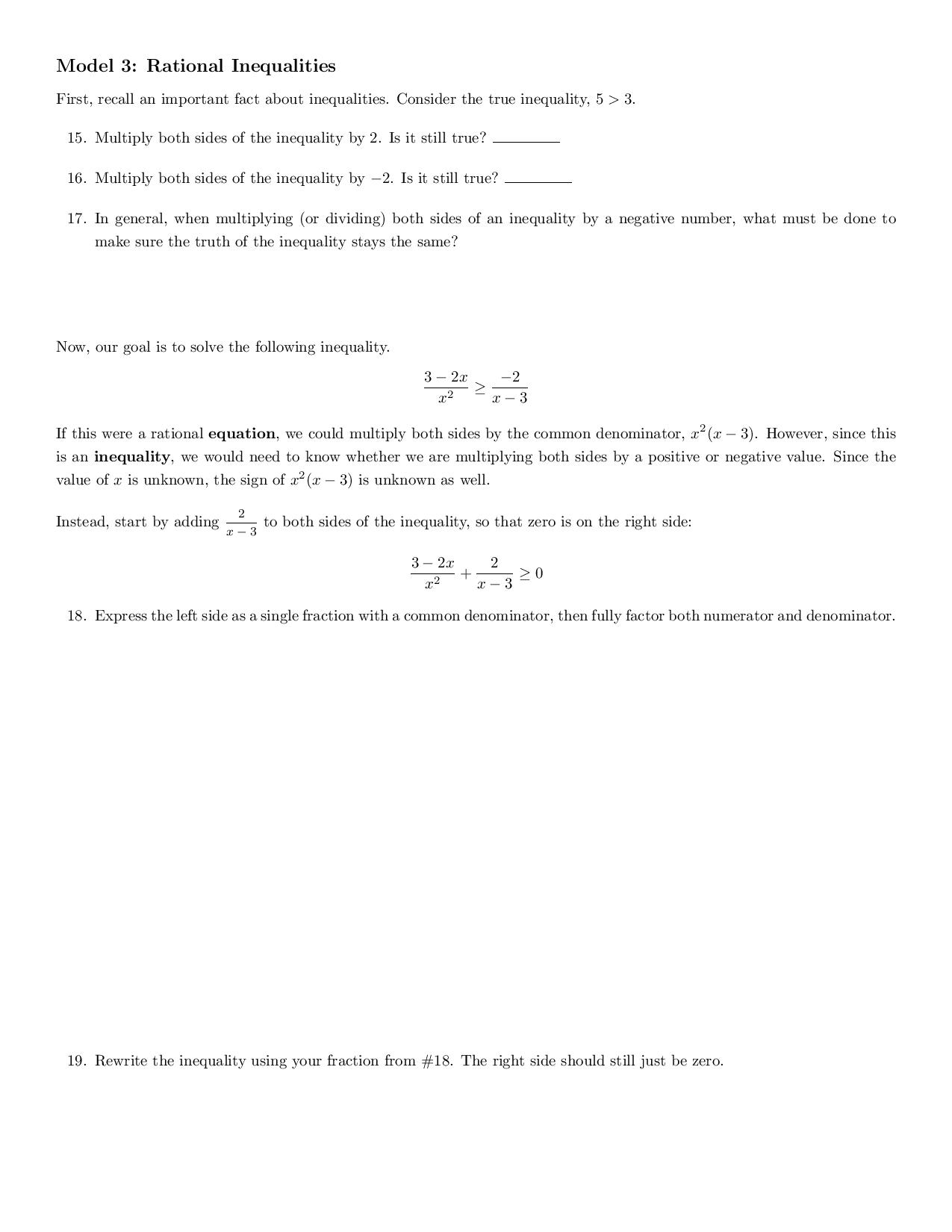 Model 3: Rational Inequalities First: recall an important fact about inequalities.