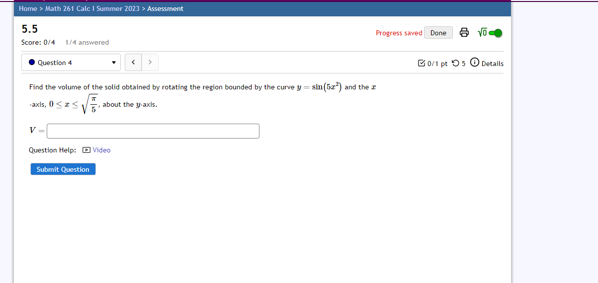 Submit Question5.4 Progress saved Done Score: 4/5 5/5 answered X Question 5