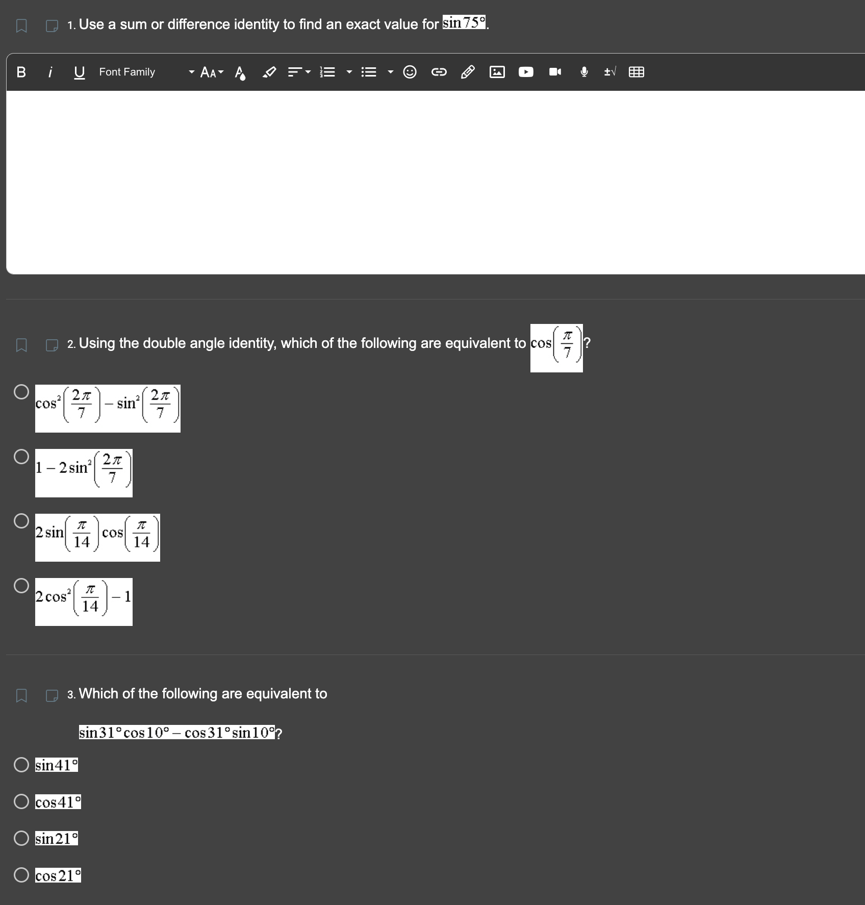 double angle identity, which of the following are equivalent to cos O