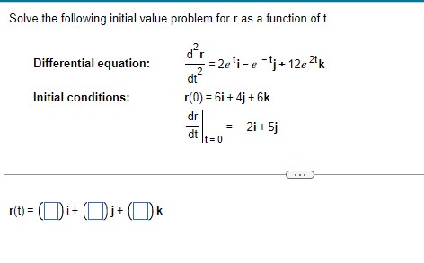 dr Differential equation: dt = -7ti-t j - 5t k Initial condition: