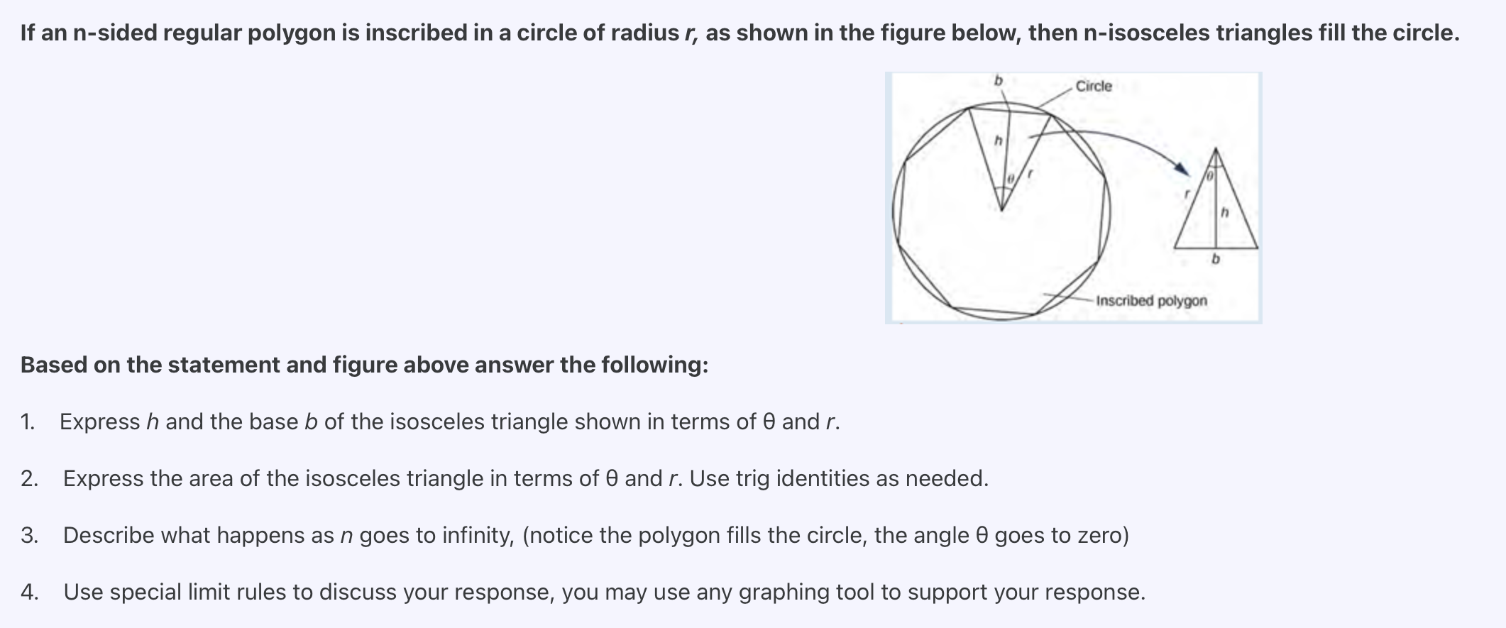 If an n-sided regular polygon is inscribed in a circle of