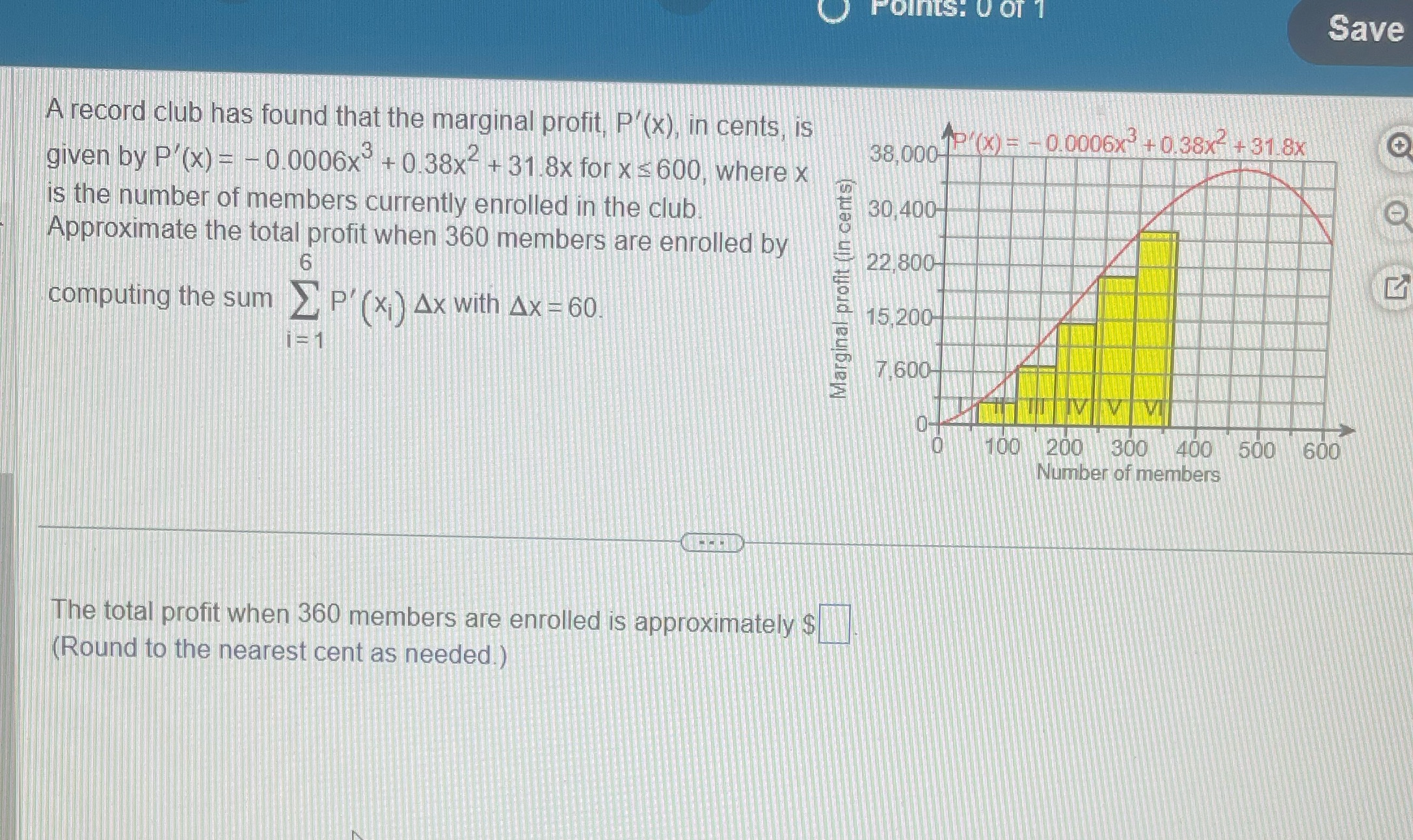 that the marginal profit, P'(x), in cents, is 38,000 P (x) =