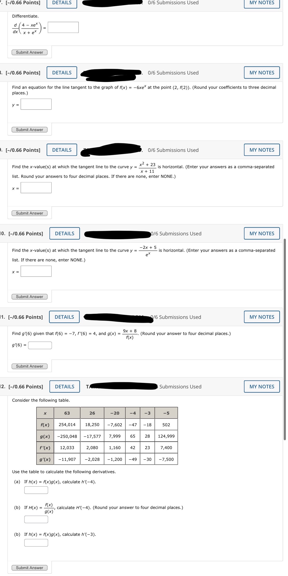 all. Please help! i. [-10.66 Points] DETAILS ' 0/6 Submissions Used MY