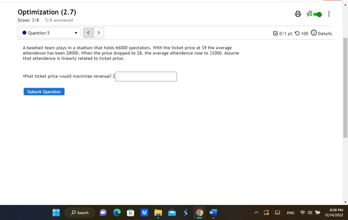 Optimization (2.7) Score: 3/8 5/8 answered . Question 5 Go/1 pt