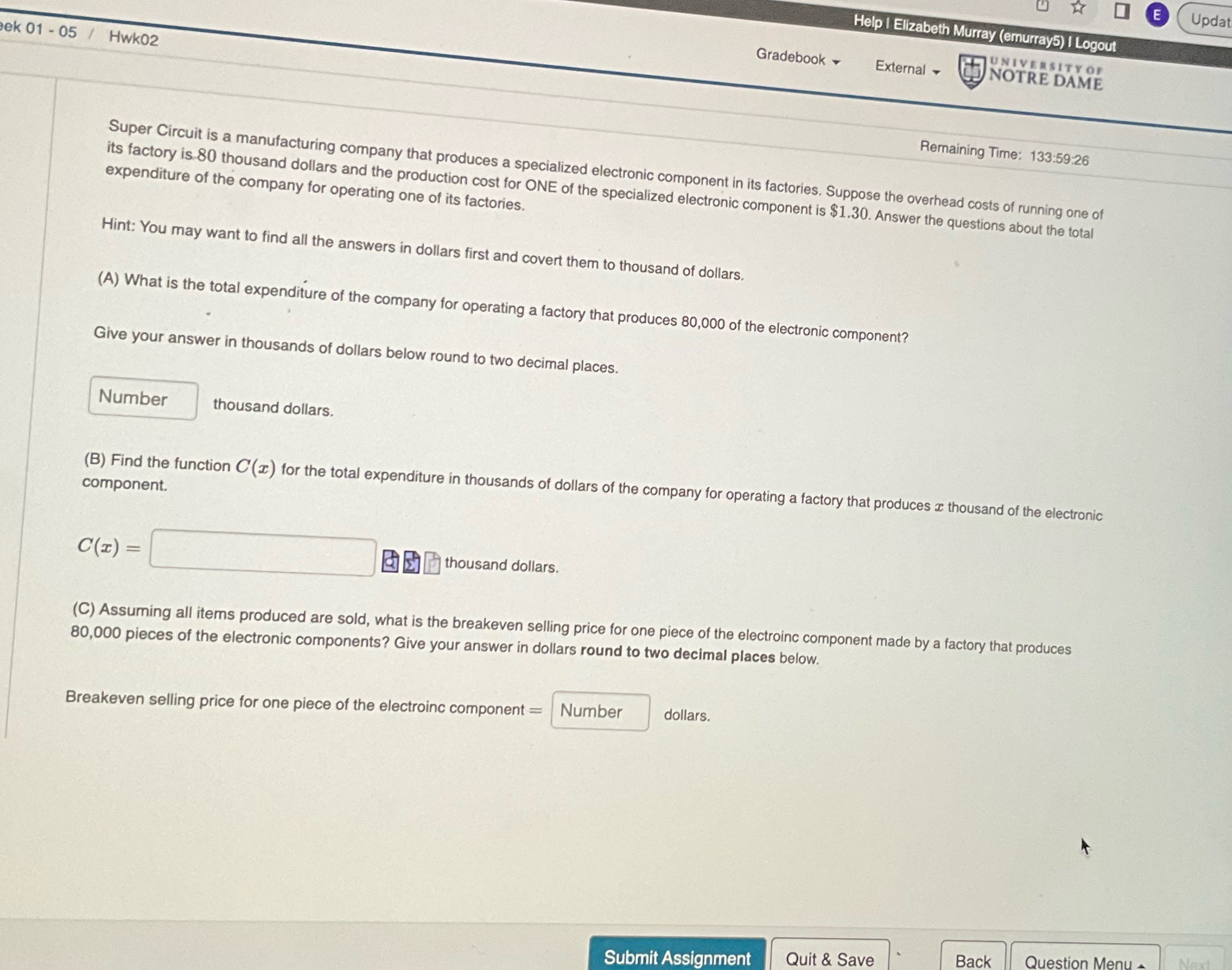  Upda Help | Elizabeth Murray (emurray5) | Logout Gradebook External UNIVERSITY